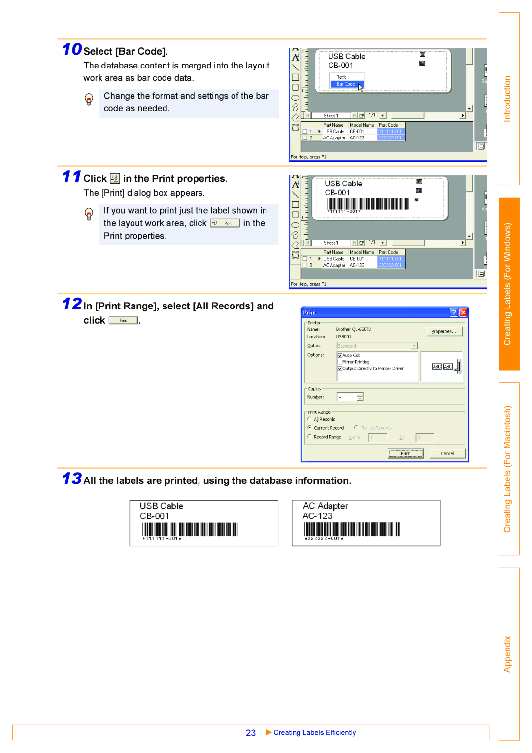 Brother QL-650TD, QL-500, QL-550 appendix 10Select Bar Code, 11Click in the Print properties 