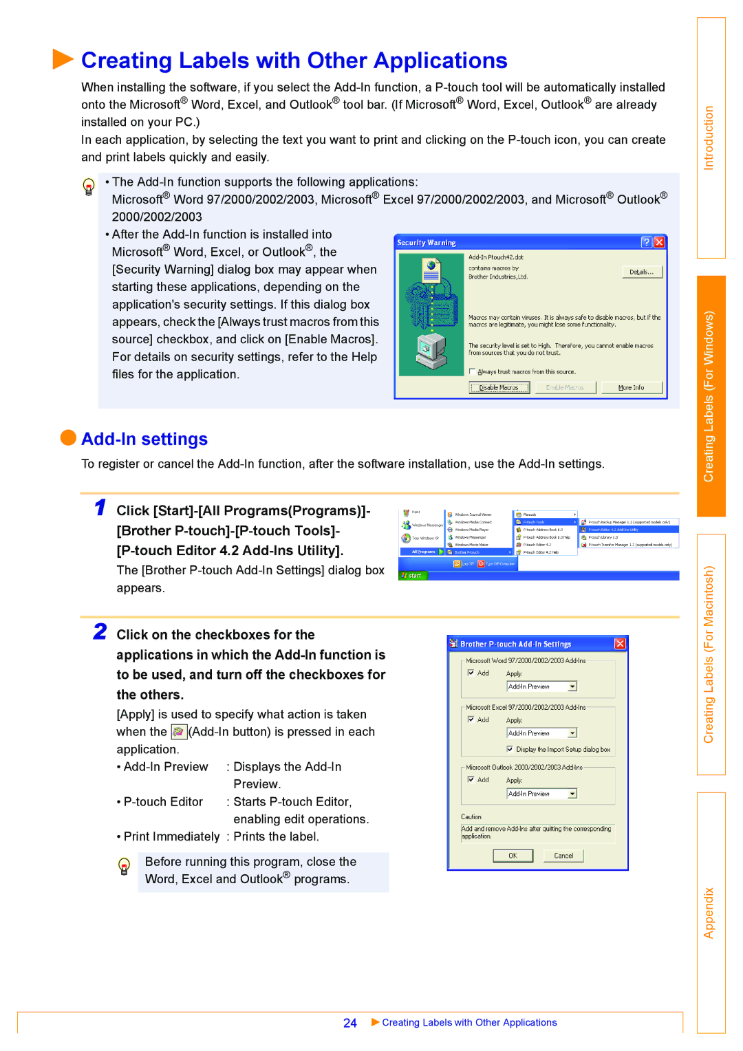 Brother QL-500, QL-550, QL-650TD appendix Creating Labels with Other Applications, Add-In settings 