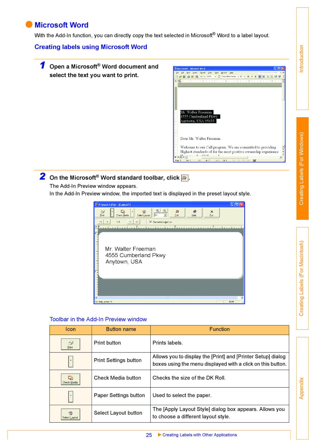 Brother QL-550, QL-500, QL-650TD Creating labels using Microsoft Word, On the Microsoft Word standard toolbar, click 