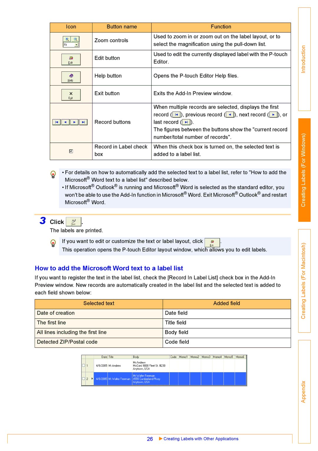 Brother QL-650TD, QL-500, QL-550 appendix How to add the Microsoft Word text to a label list, Click 