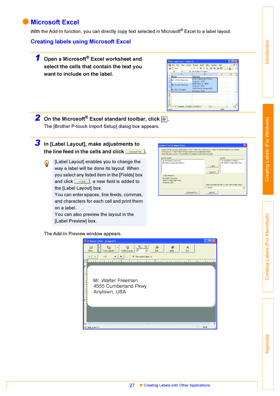 Brother QL-500, QL-550, QL-650TD appendix Creating labels using Microsoft Excel 