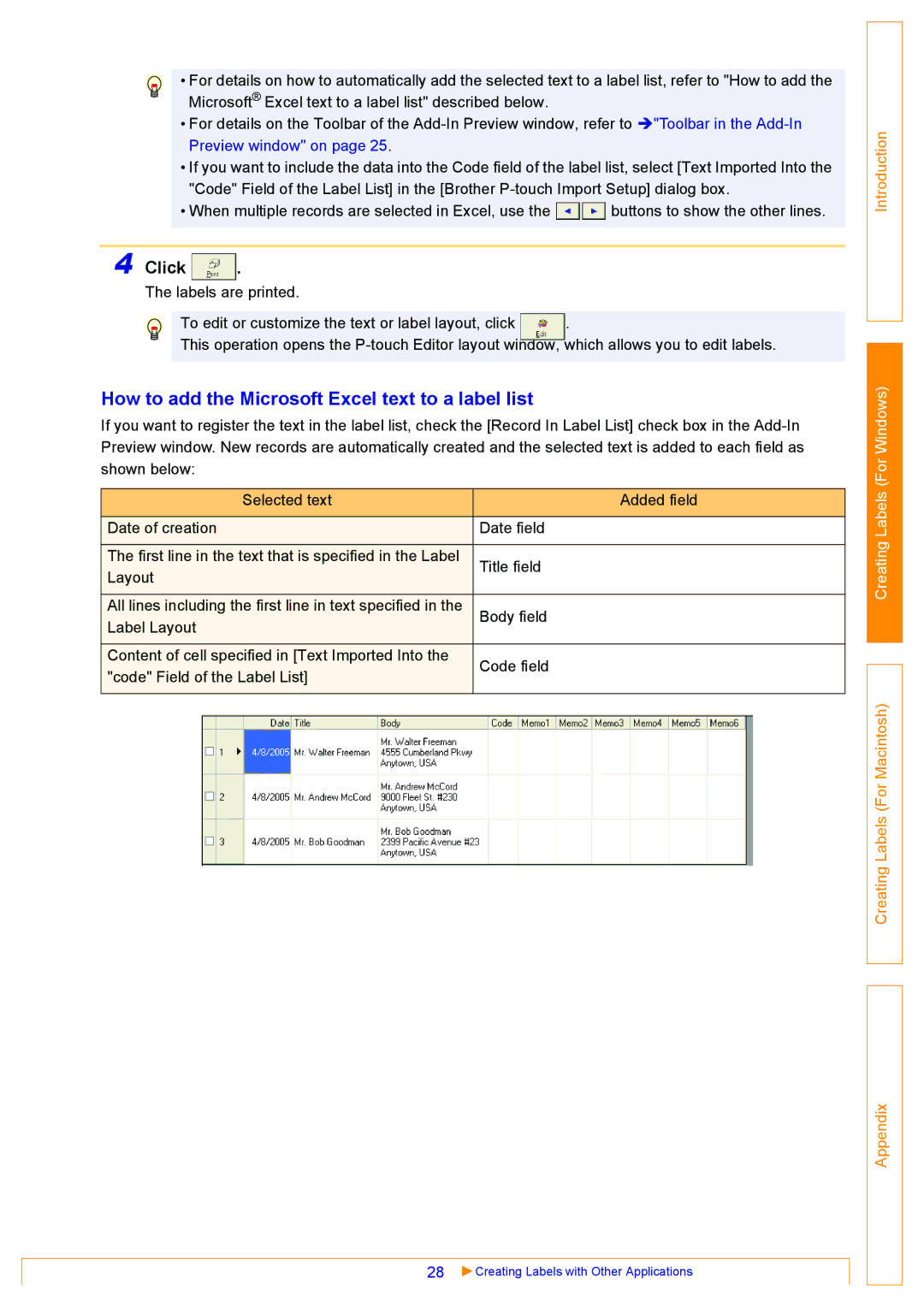 Brother QL-550, QL-500, QL-650TD appendix How to add the Microsoft Excel text to a label list 