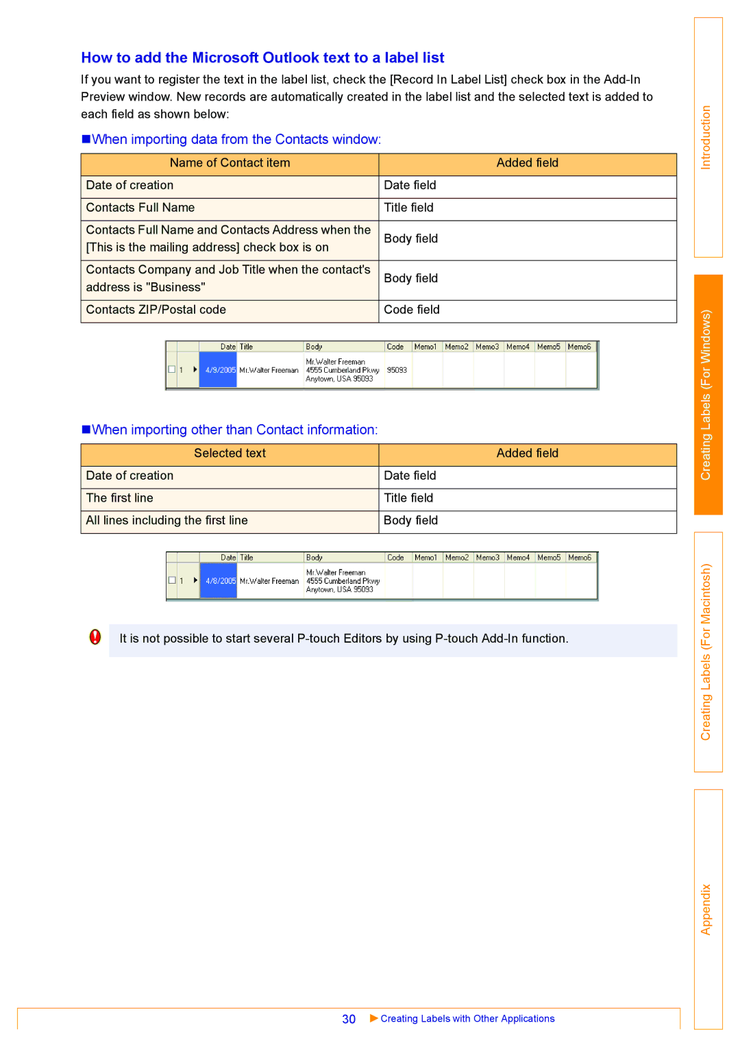 Brother QL-500 How to add the Microsoft Outlook text to a label list, „When importing data from the Contacts window 