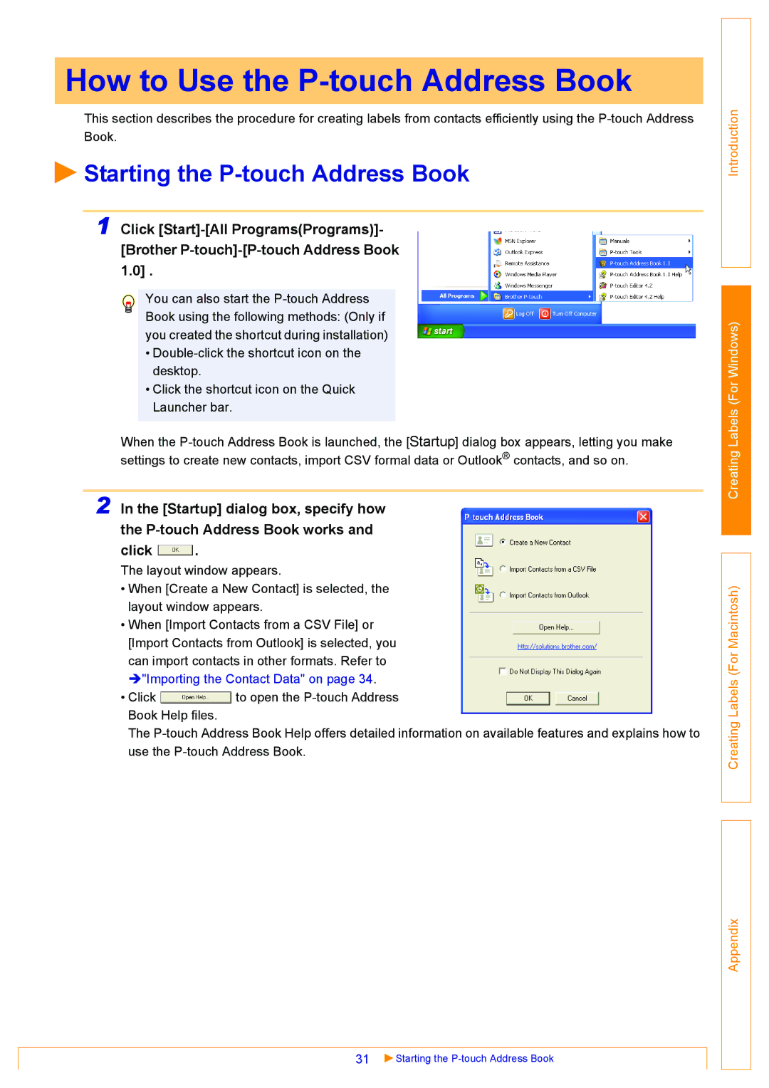 Brother QL-550, QL-500, QL-650TD appendix How to Use the P-touch Address Book, Starting the P-touch Address Book 