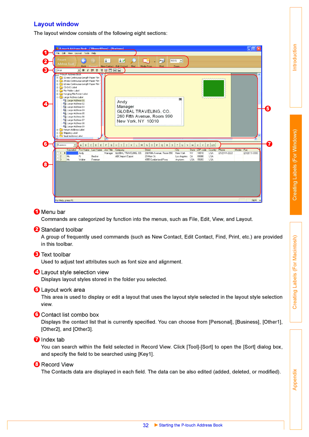 Brother QL-650TD Menu bar, Text toolbar, Layout style selection view, Contact list combo box, Index tab, Record View 