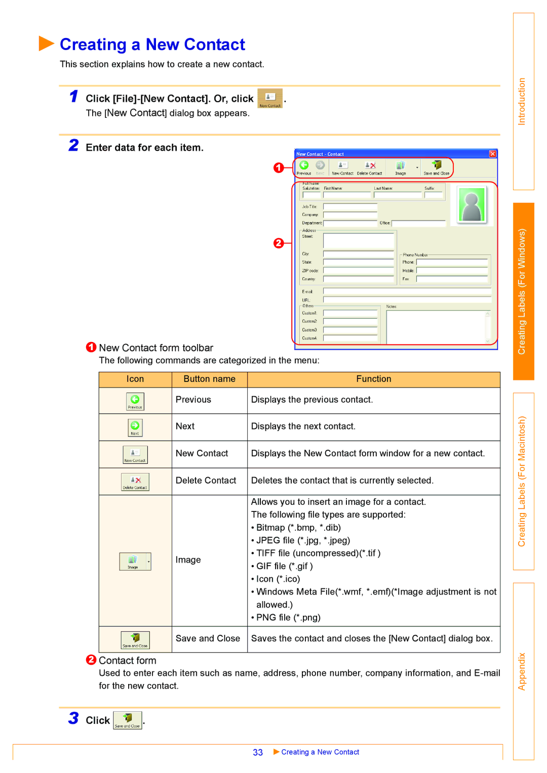 Brother QL-500, QL-550 Creating a New Contact, Click File-New Contact. Or, click, Enter data for each item, Contact form 