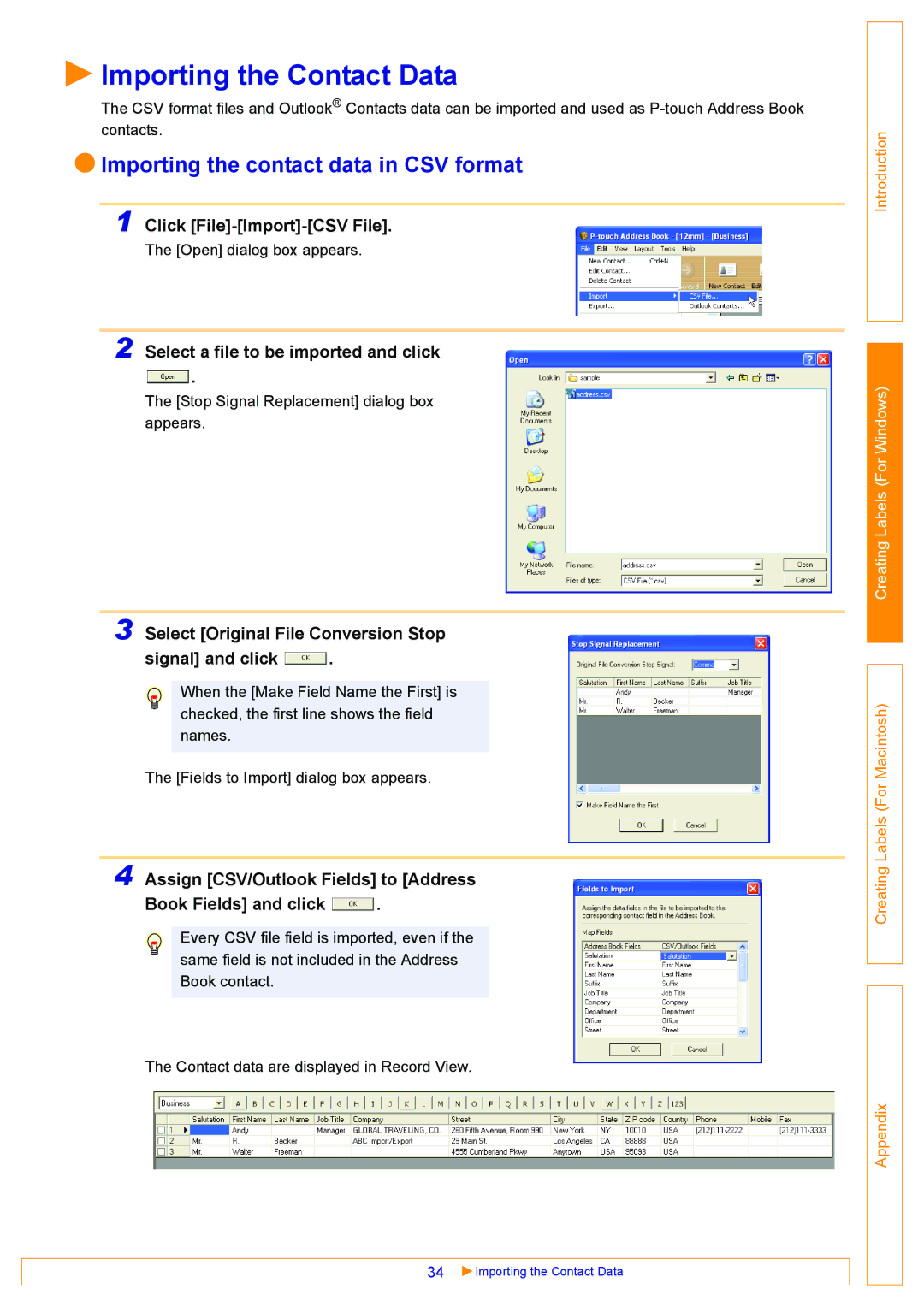 Brother QL-550, QL-500, QL-650TD appendix Importing the Contact Data, Importing the contact data in CSV format 