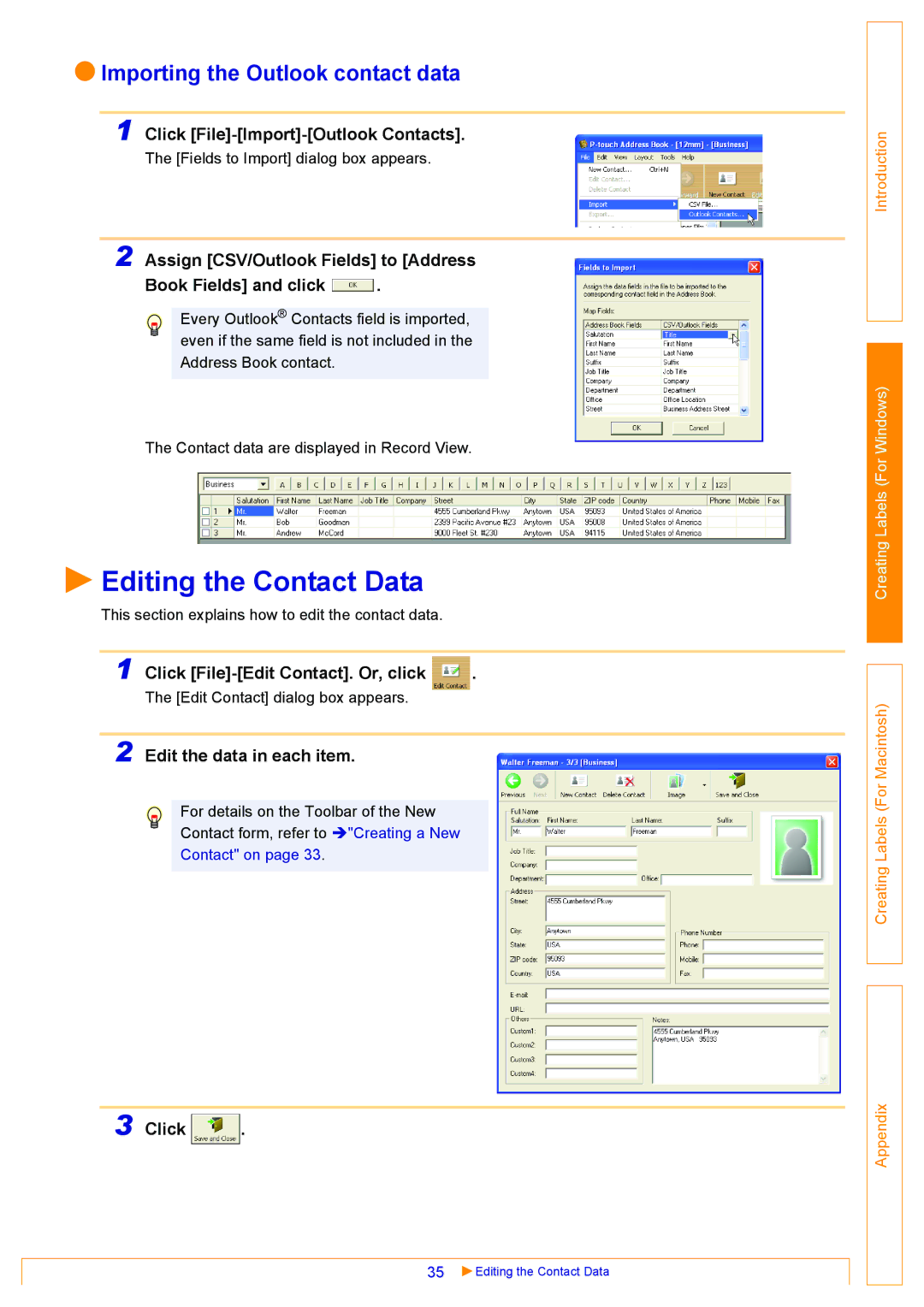 Brother QL-650TD, QL-500 Editing the Contact Data, Importing the Outlook contact data, Click File-Import-Outlook Contacts 