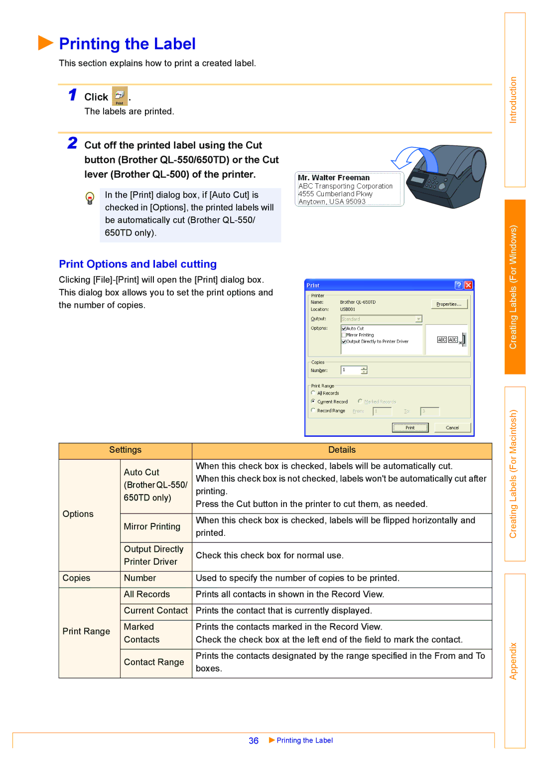 Brother QL-500, QL-550, QL-650TD appendix Printing the Label, Print Options and label cutting 