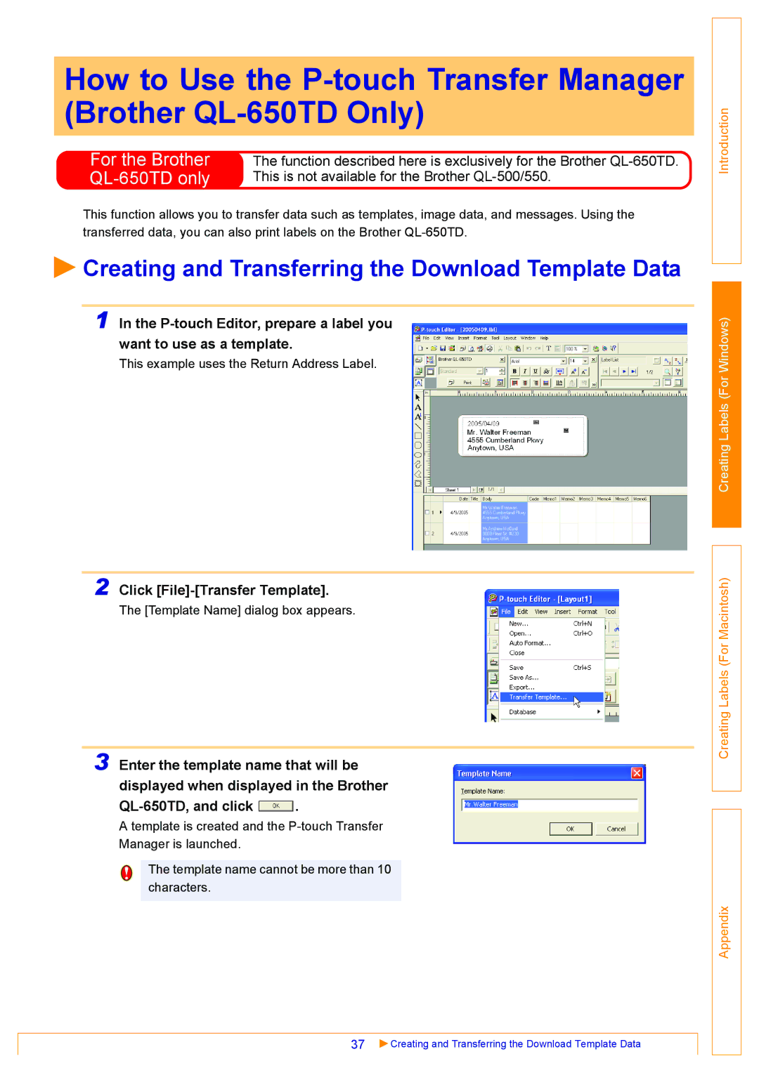 Brother QL-550 Creating and Transferring the Download Template Data, This is not available for the Brother QL-500/550 