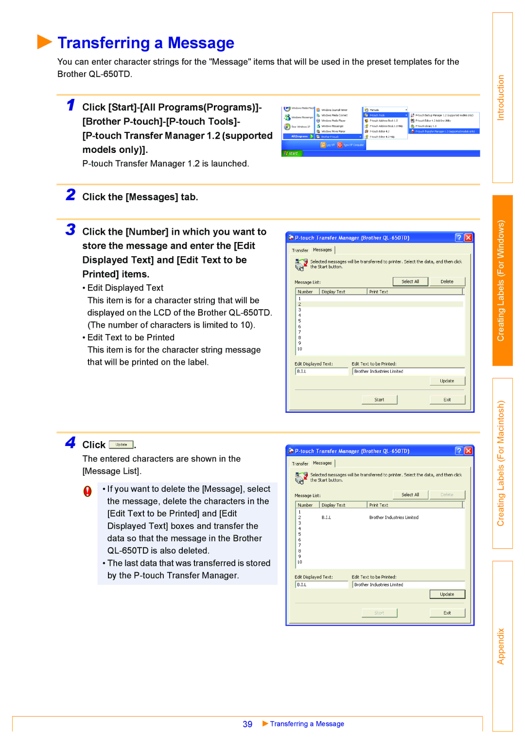 Brother QL-500, QL-550, QL-650TD appendix Transferring a Message 