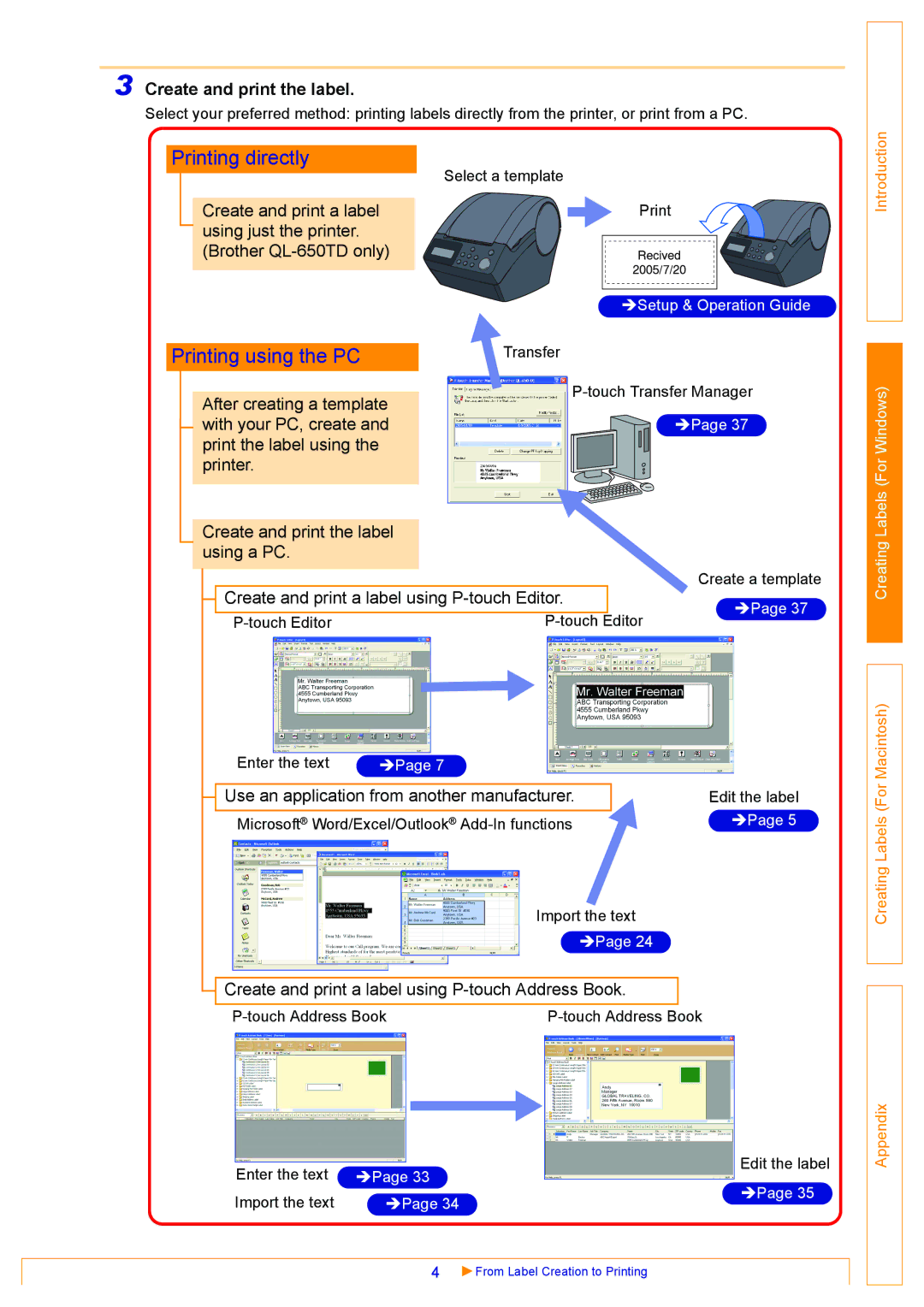 Brother QL-550, QL-500, QL-650TD appendix Create and print the label, Create and print a label using P-touch Editor 