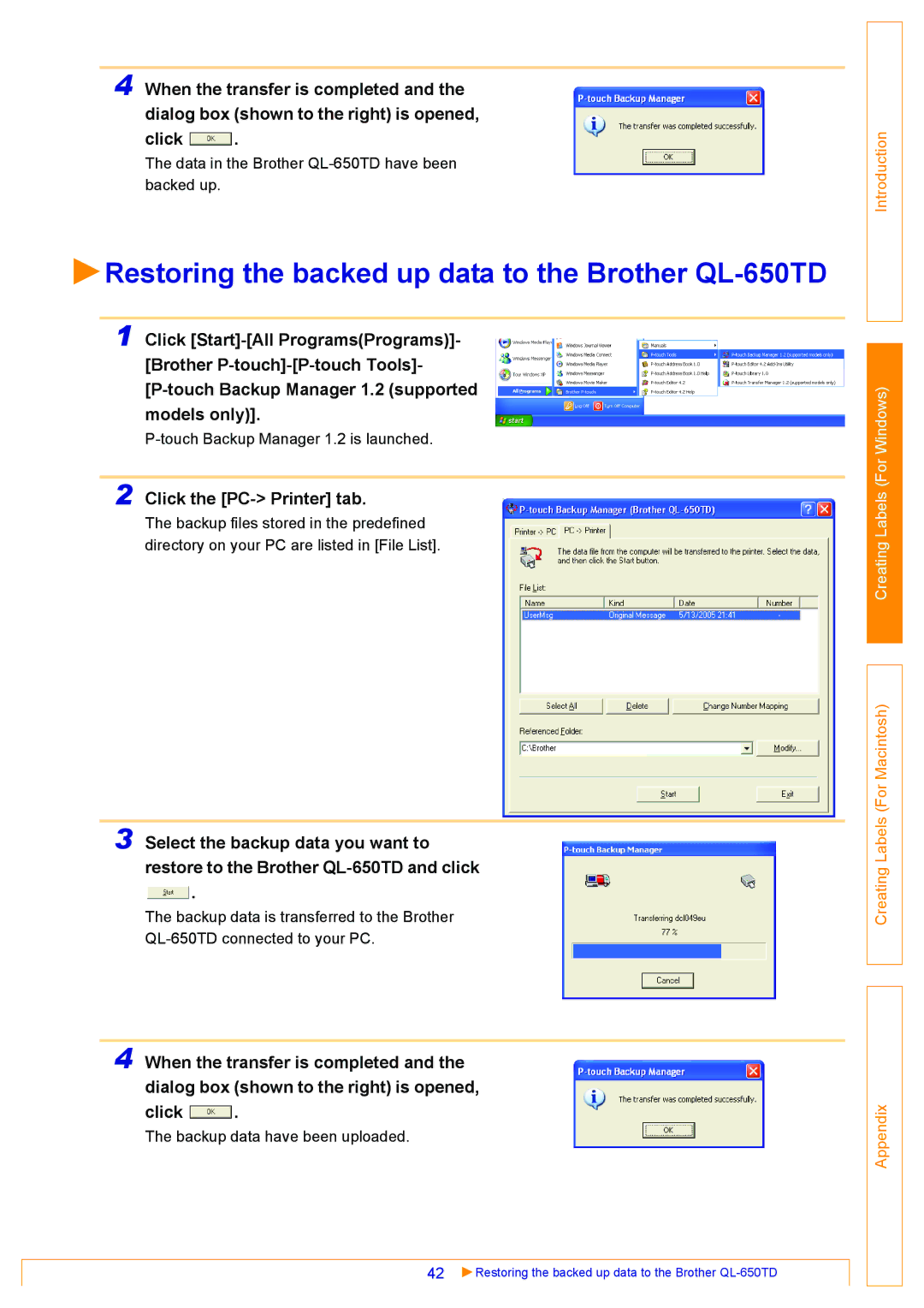 Brother QL-500, QL-550 appendix Restoring the backed up data to the Brother QL-650TD, Click the PC- Printer tab 