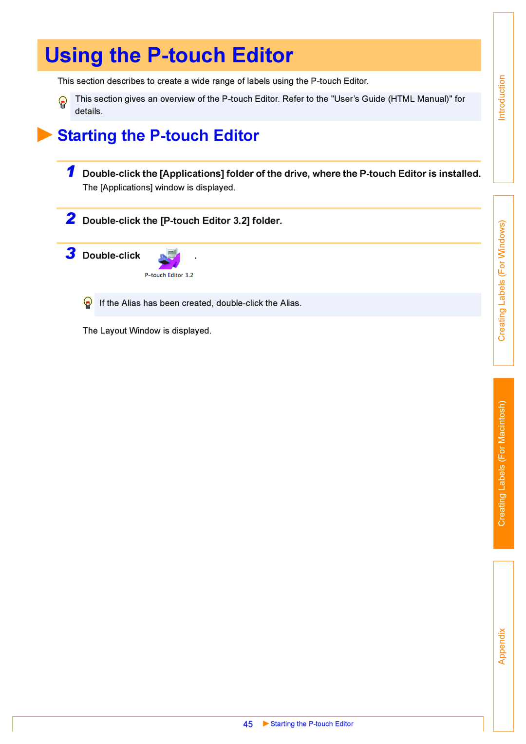 Brother QL-500, QL-550 Using the P-touch Editor, Starting the P-touch Editor, Double-click the P-touch Editor 3.2 folder 