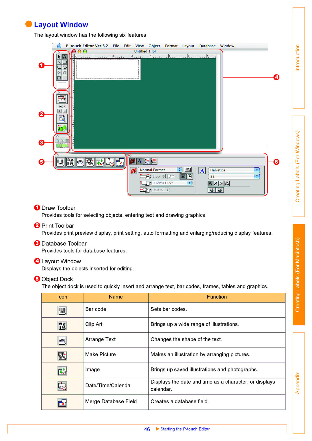 Brother QL-550, QL-500, QL-650TD appendix Layout Window, Print Toolbar, Database Toolbar 