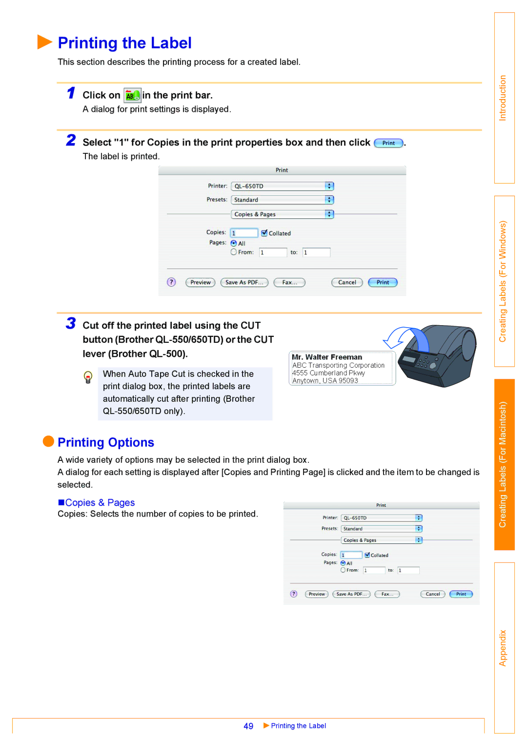 Brother QL-550, QL-500, QL-650TD appendix Printing Options, Click on in the print bar, „Copies & Pages 