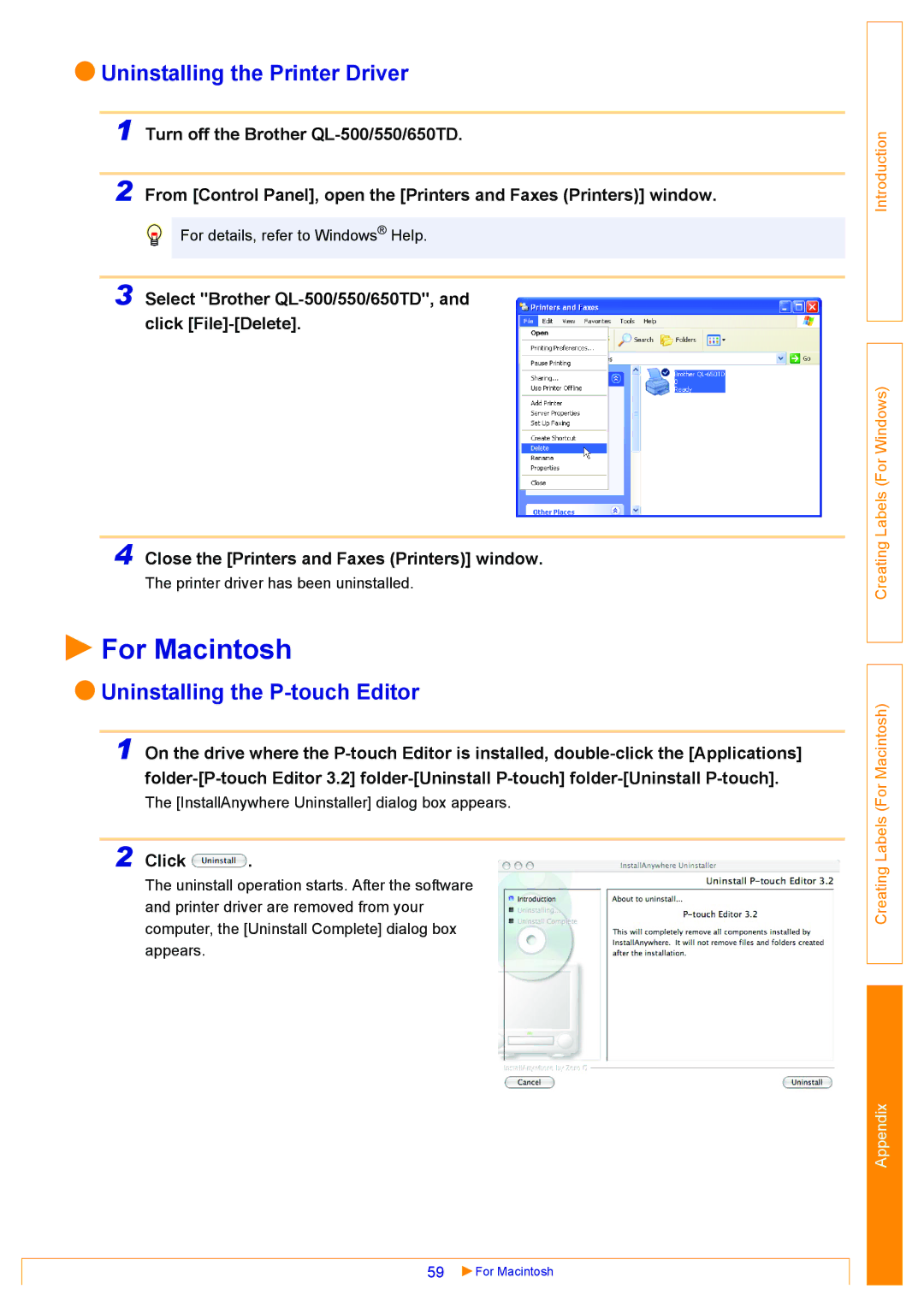 Brother QL-650TD, QL-500, QL-550 appendix For Macintosh, Uninstalling the Printer Driver 