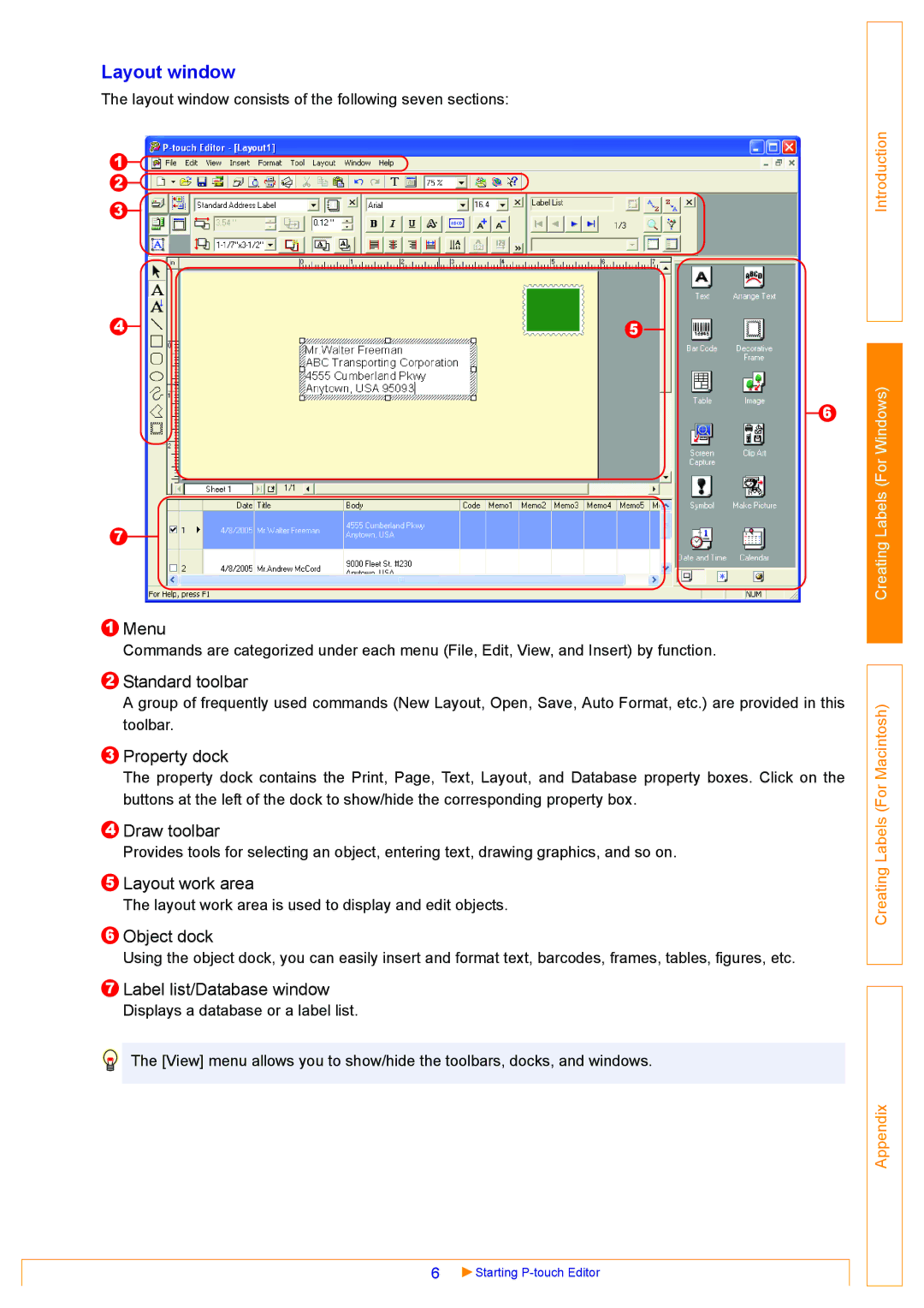 Brother QL-500, QL-550, QL-650TD appendix Layout window 