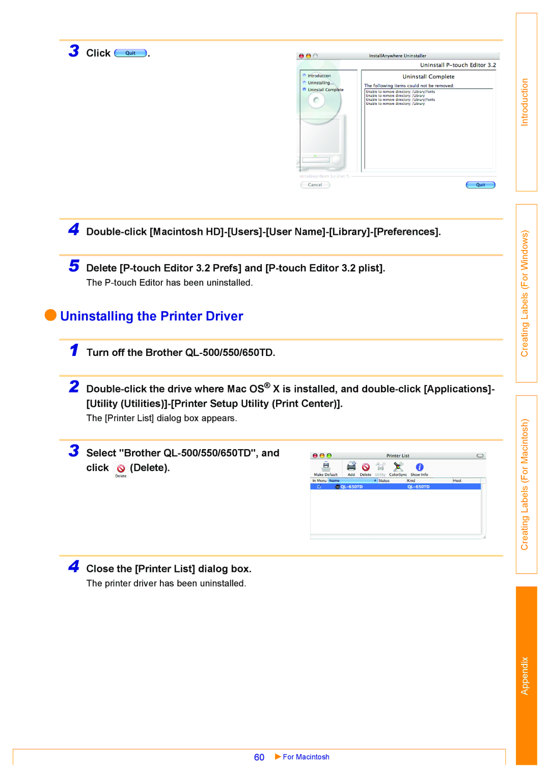 Brother QL-500, QL-550, QL-650TD appendix Creating Labels For Windows Creating Labels For Macintosh 