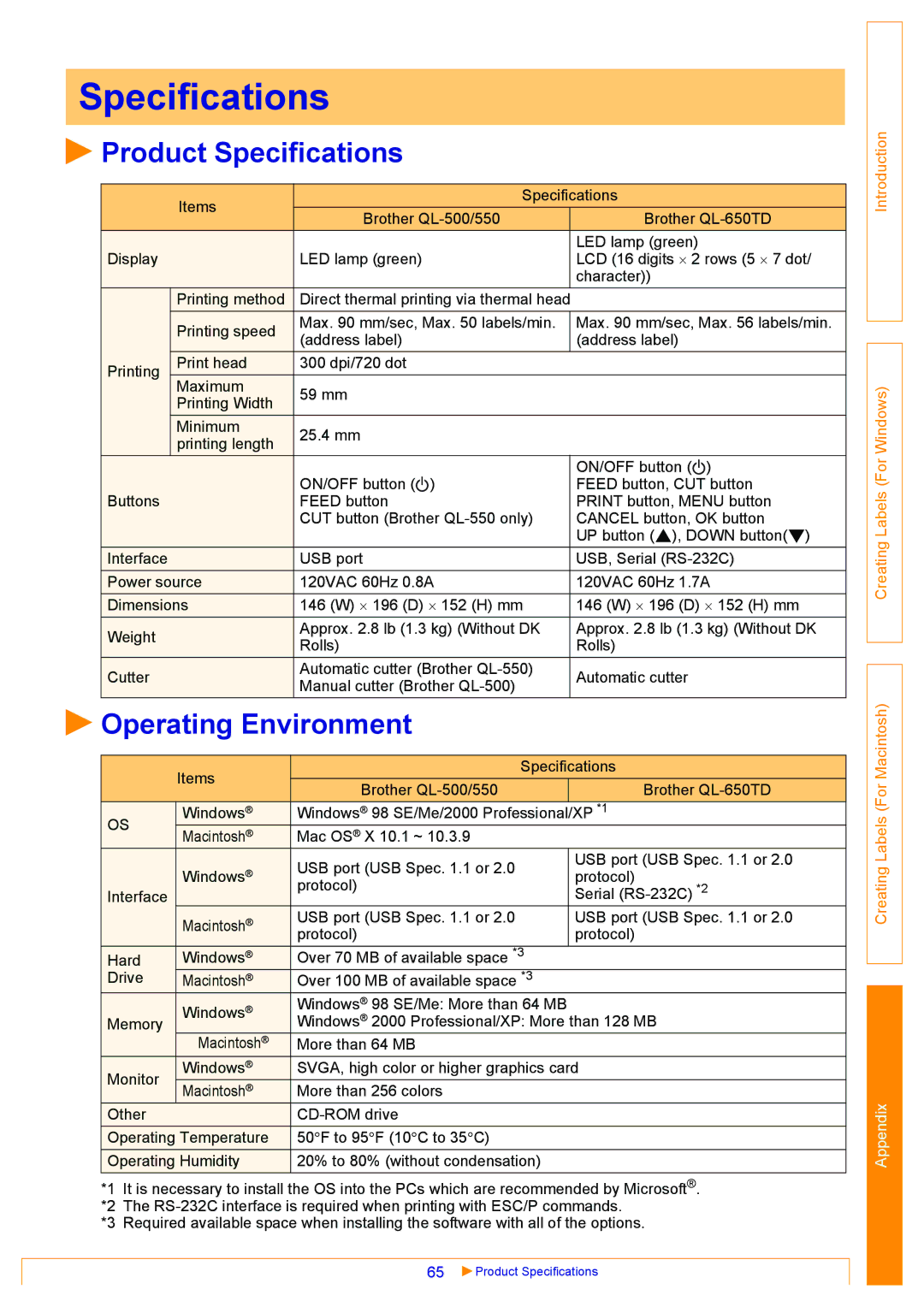 Brother QL-650TD, QL-500, QL-550 appendix Product Specifications, Operating Environment 