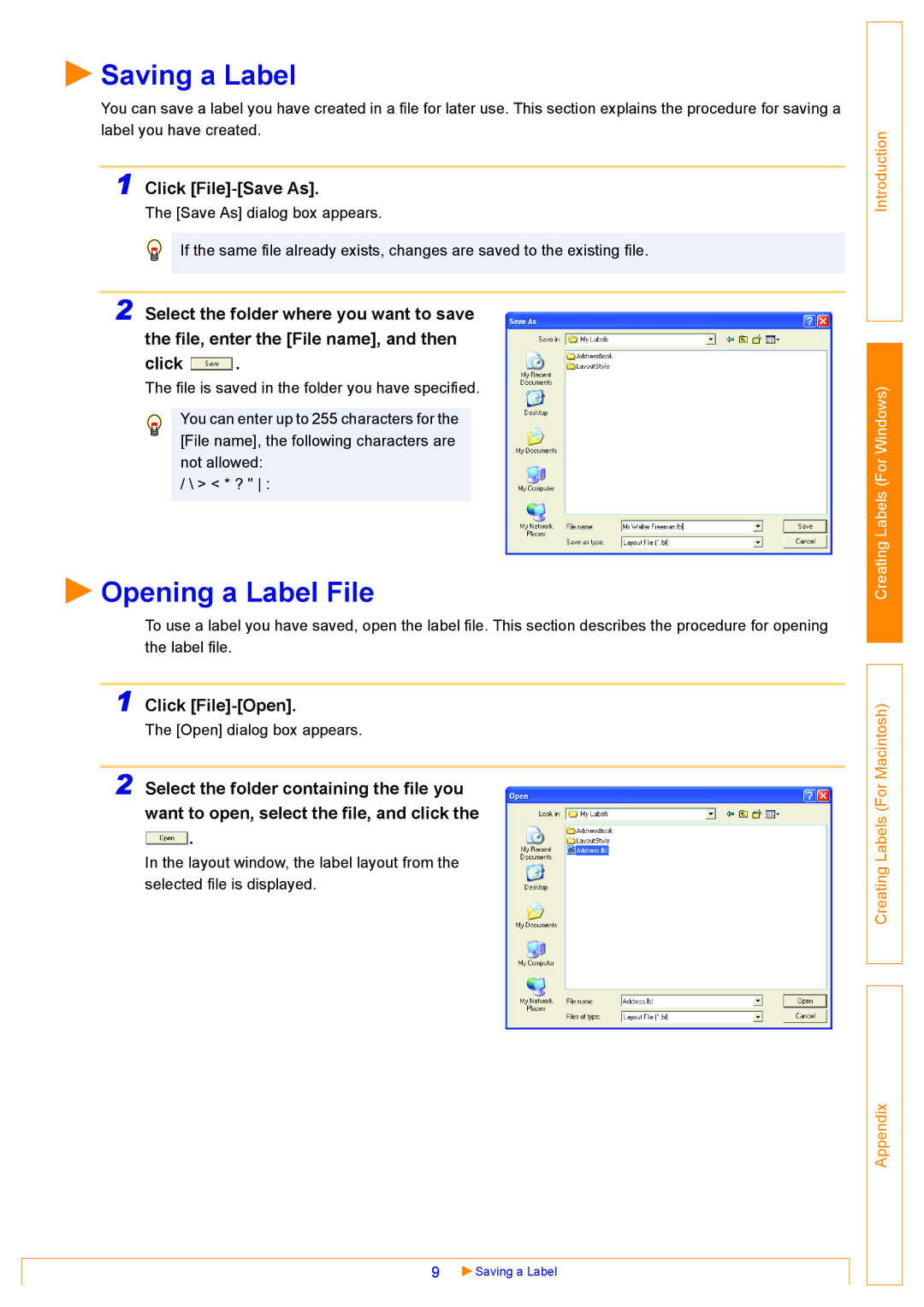 Brother QL-500, QL-550, QL-650TD appendix Saving a Label, Opening a Label File, Click File-Save As, Click File-Open 