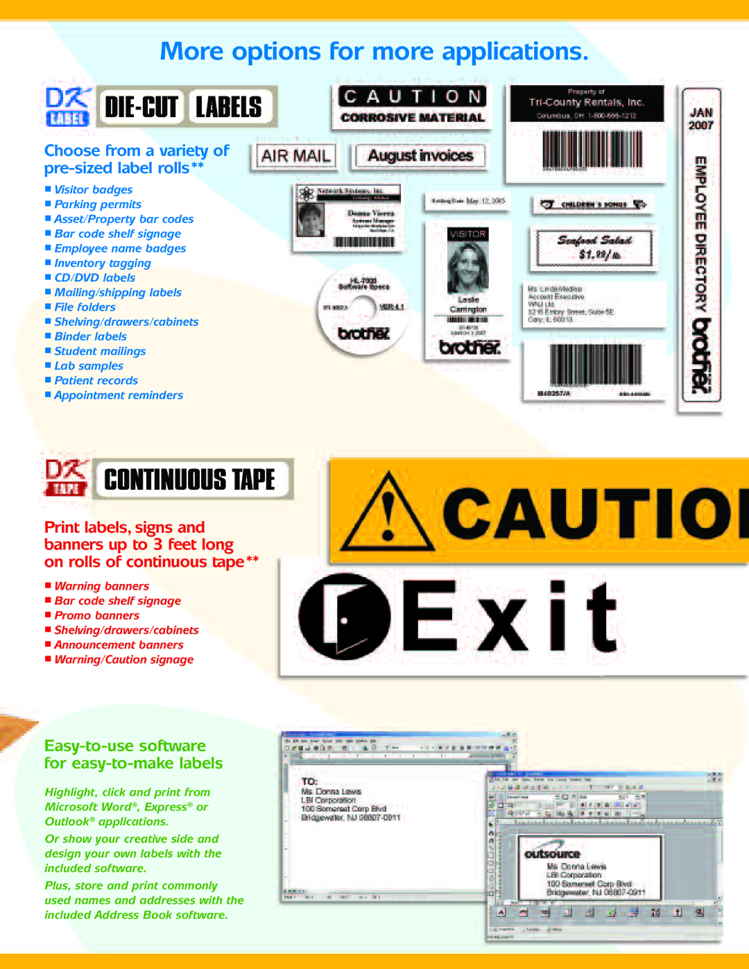 Brother QL-500 manual More options for more applications, Choose from a variety of pre-sized label rolls 