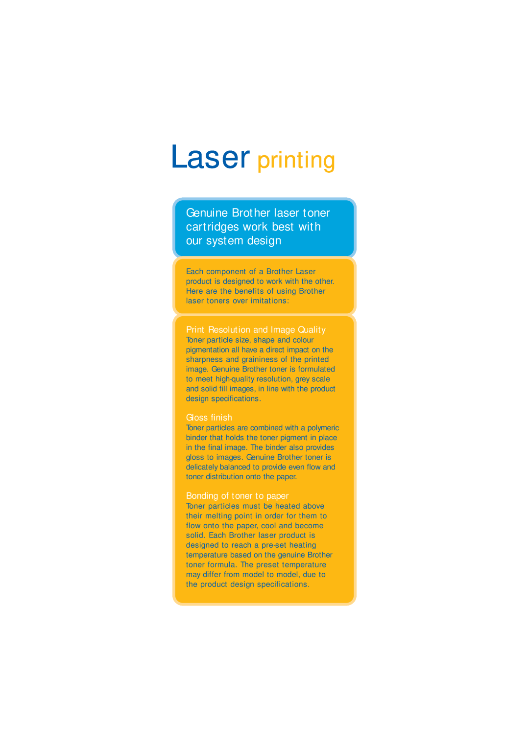 Brother QL-500 manual Laser printing, Print Resolution and Image Quality, Gloss finish, Bonding of toner to paper 
