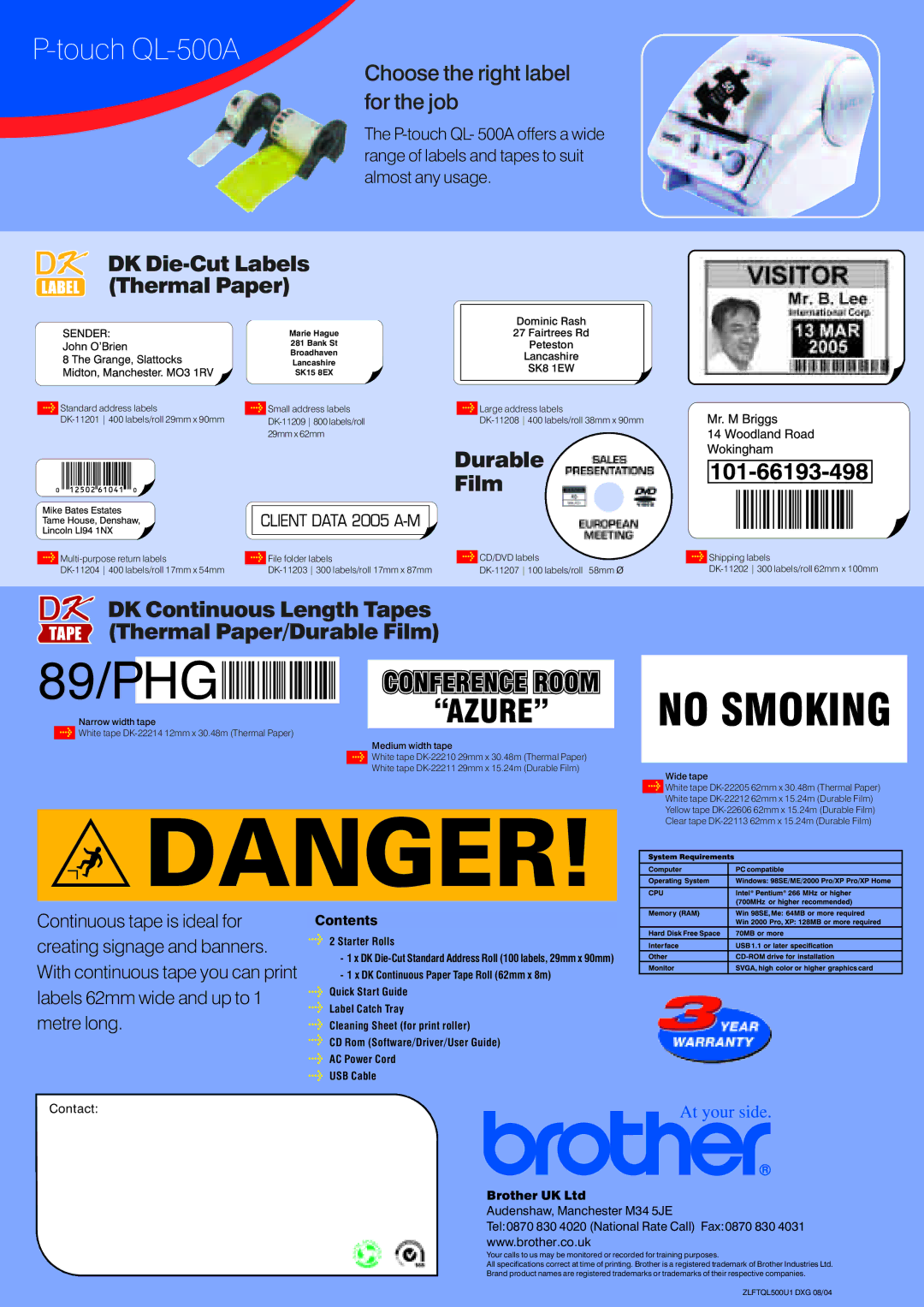 Brother QL-500A manual DK Die-CutLabels Thermal Paper, DK Continuous LengthTapes Thermal Paper/Durable Film, Contents 