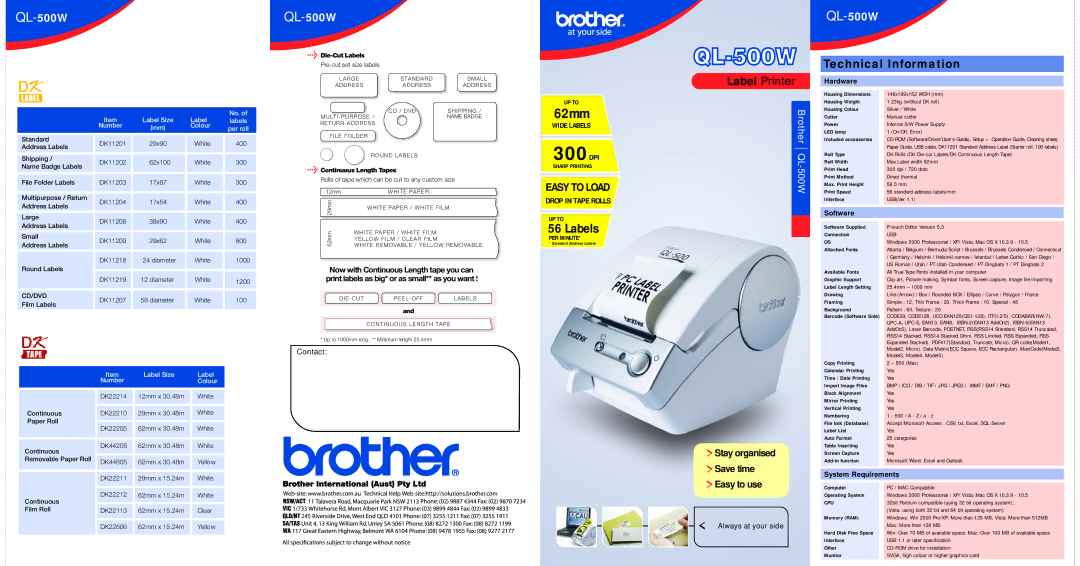 Brother QL-500W dimensions Technical Information, Hardware, Software, System Requirements 