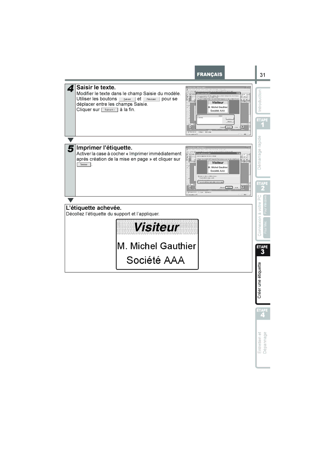 Brother QL-560 manual Modifier le texte dans le champ Saisie du modèle 