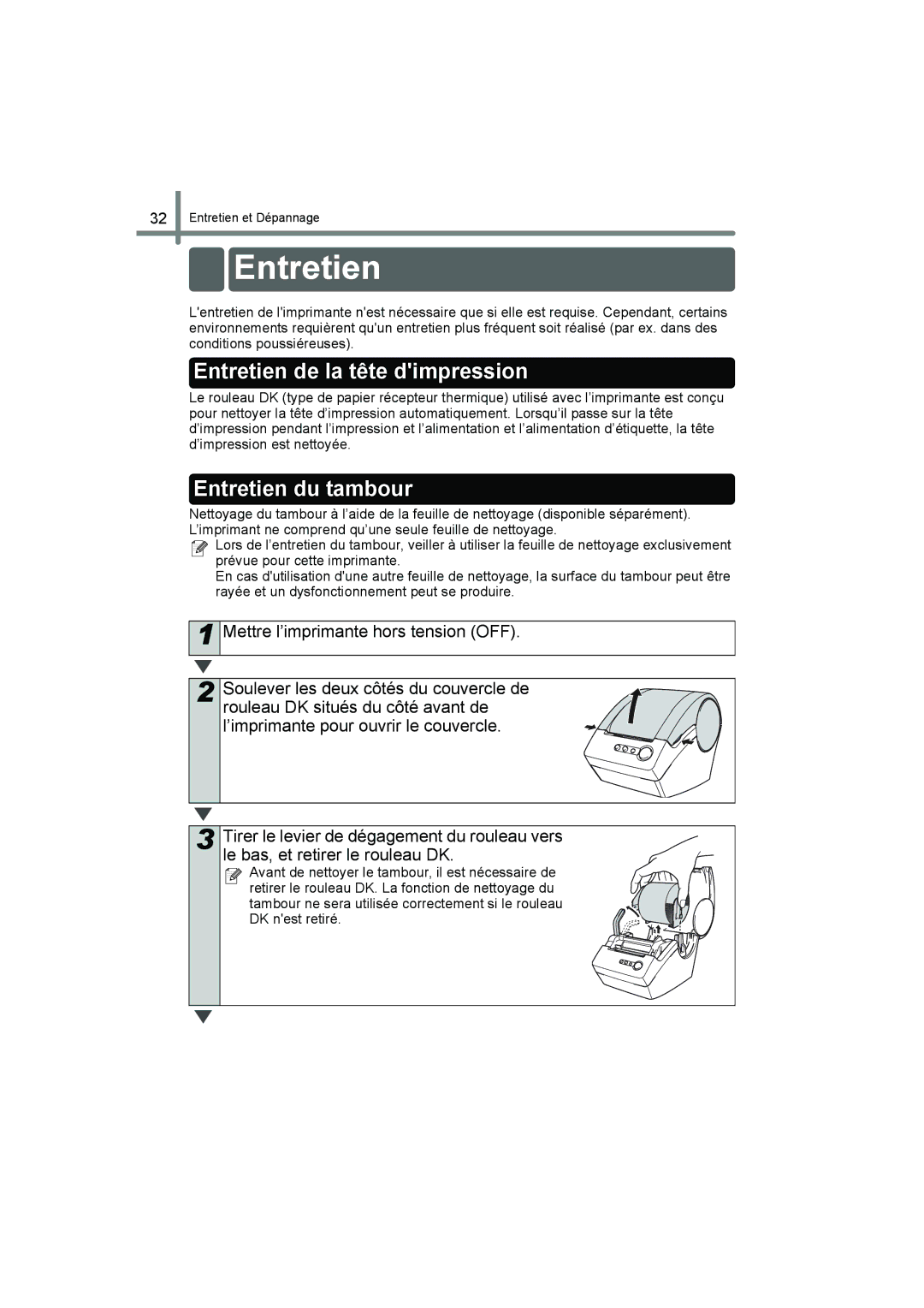 Brother QL-560 manual Entretien de la tête dimpression, Entretien du tambour 