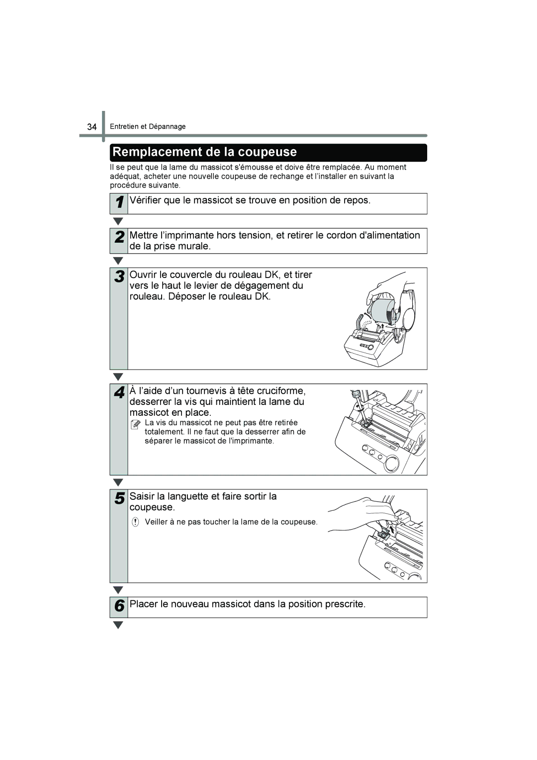 Brother QL-560 manual Remplacement de la coupeuse, Saisir la languette et faire sortir la coupeuse 