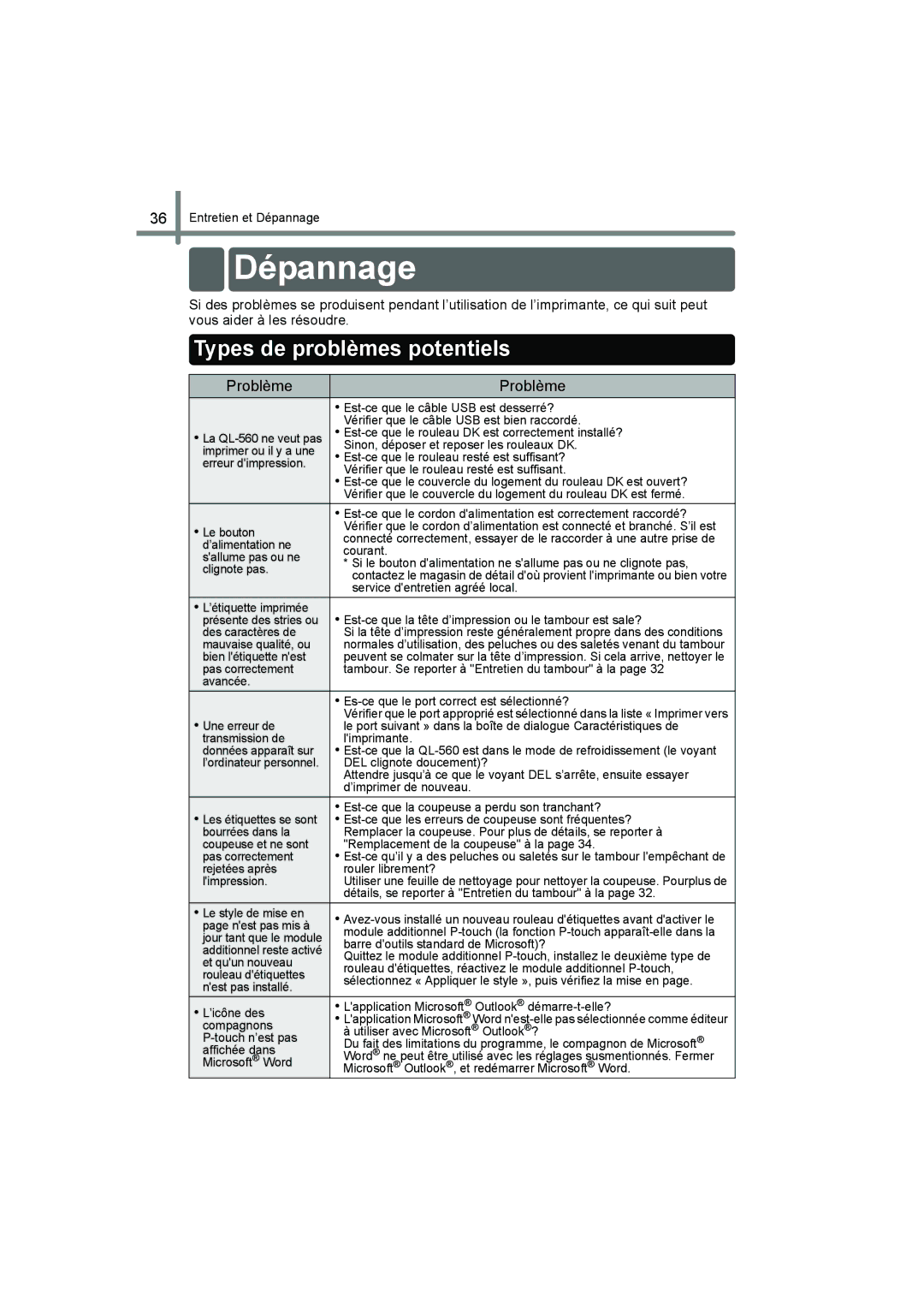 Brother QL-560 manual Dépannage, Types de problèmes potentiels 