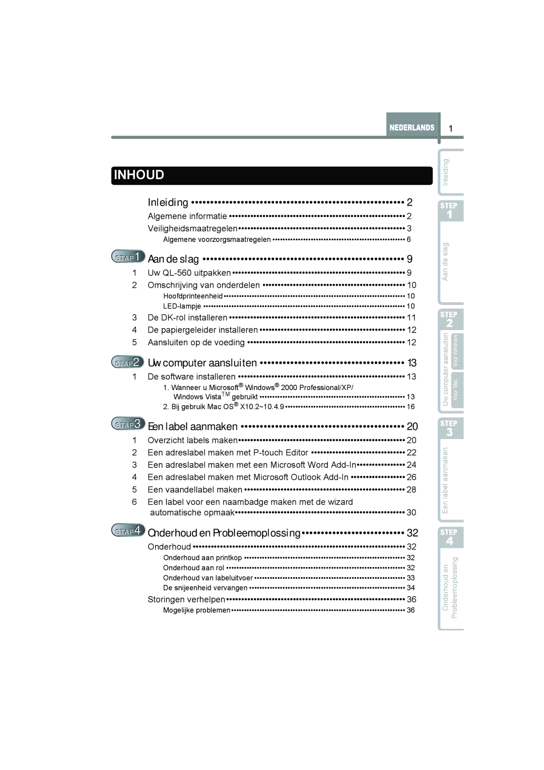 Brother manual Algemene informatie Veiligheidsmaatregelen, Uw QL-560 uitpakken Omschrijving van onderdelen, Onderhoud 