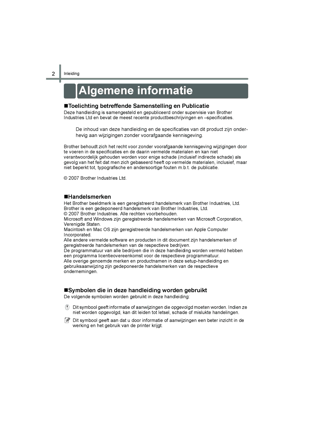 Brother QL-560 manual Algemene informatie, „Toelichting betreffende Samenstelling en Publicatie, „Handelsmerken 