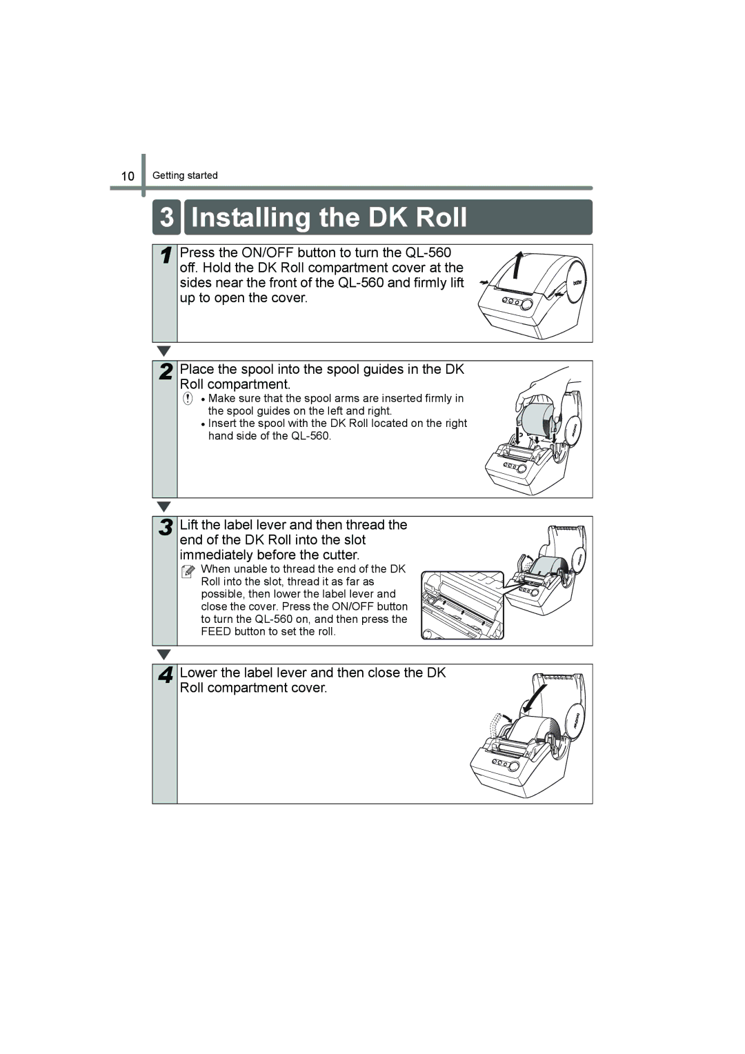 Brother QL-560 manual Installing the DK Roll 