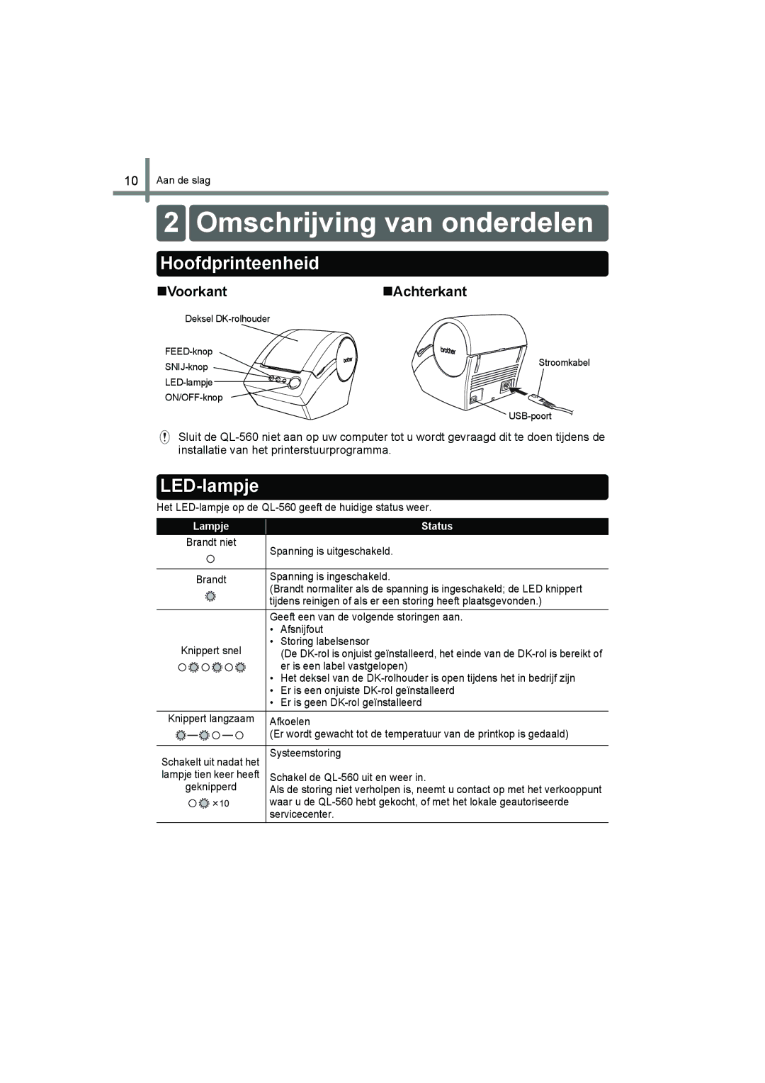 Brother QL-560 manual Omschrijving van onderdelen, Hoofdprinteenheid, LED-lampje, „Voorkant„Achterkant 