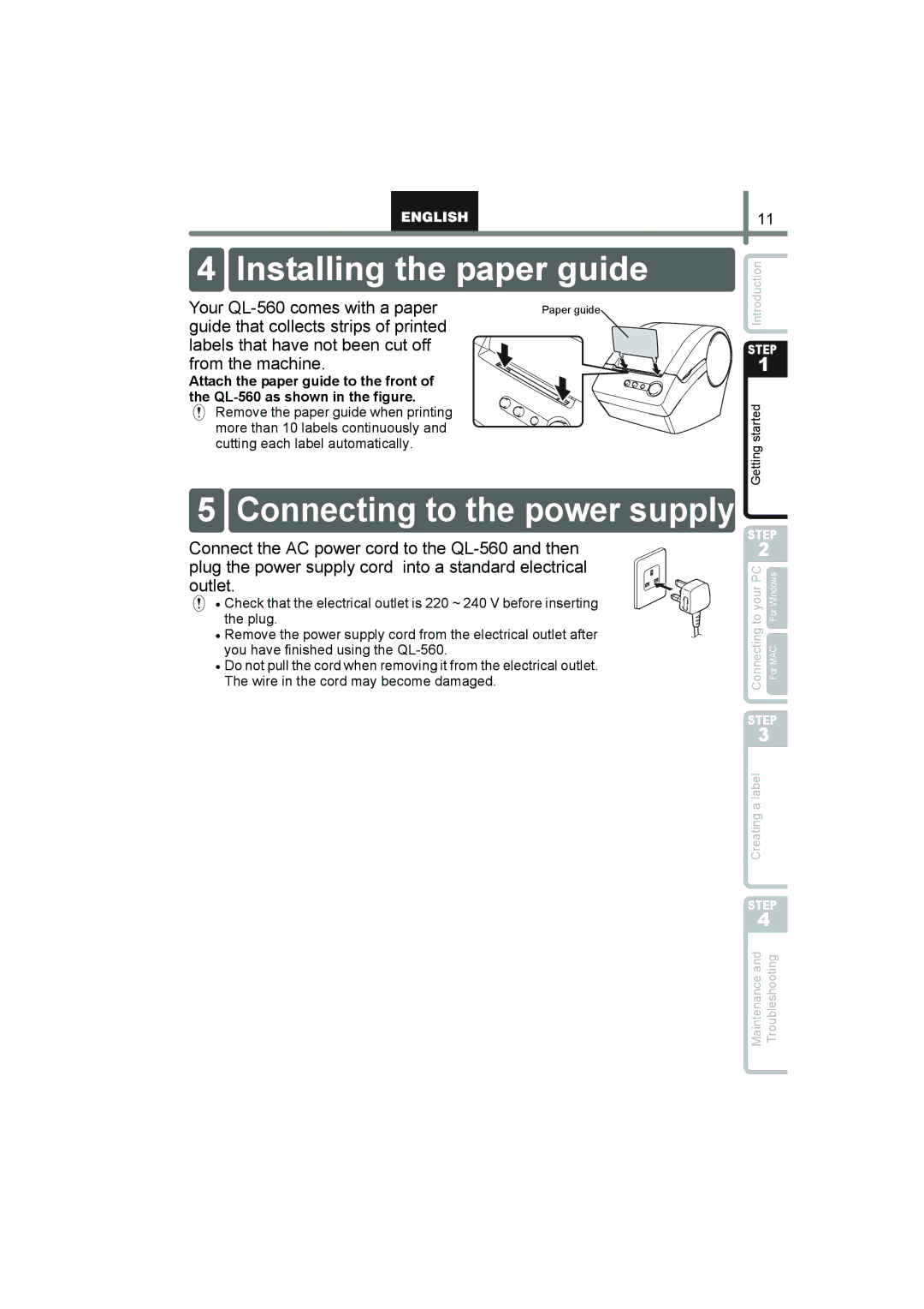 Brother manual Installing the paper guide, Connecting to the power supply, Your QL-560 comes with a paper 