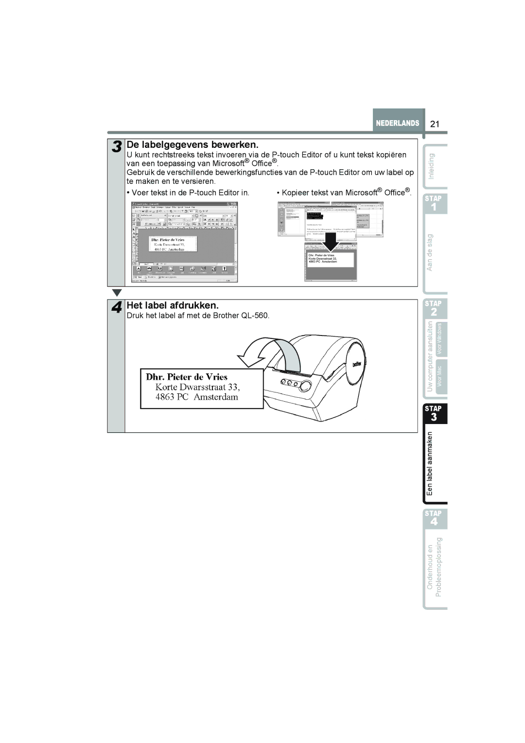 Brother manual De labelgegevens bewerken, Het label afdrukken, Druk het label af met de Brother QL-560 