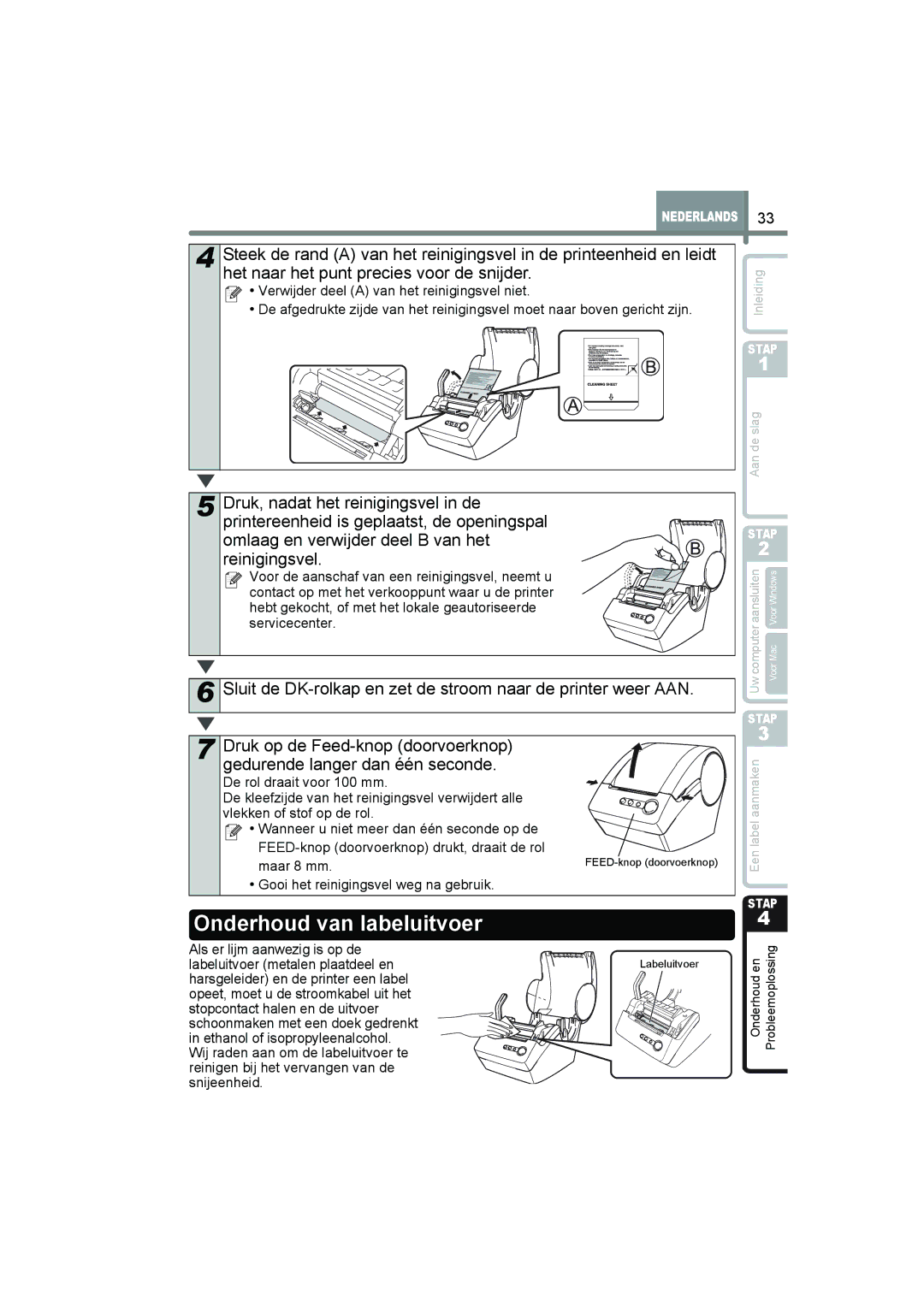 Brother QL-560 manual Onderhoud van labeluitvoer, Maar 8 mm, Gooi het reinigingsvel weg na gebruik 