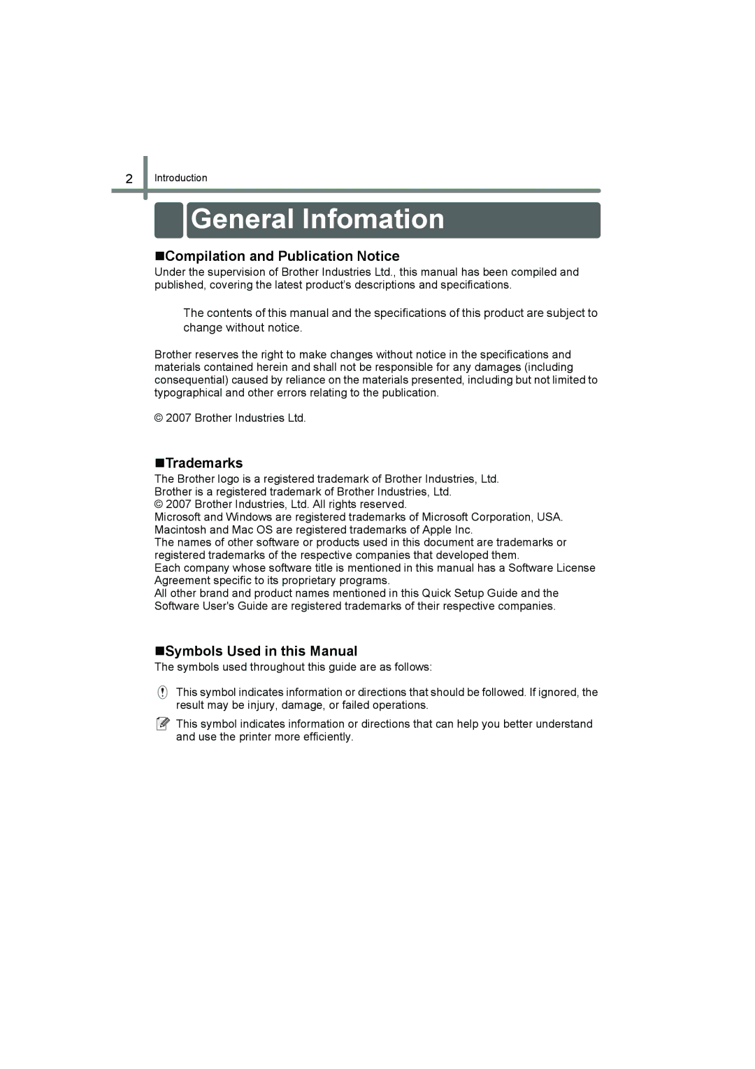 Brother QL-560 manual General Infomation, „Compilation and Publication Notice, „Trademarks, „Symbols Used in this Manual 