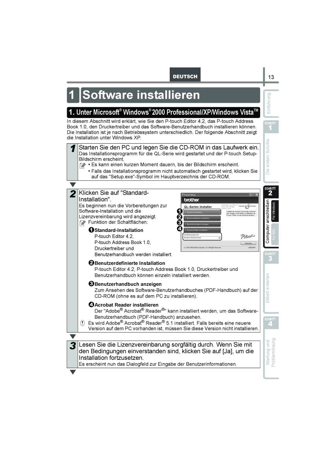 Brother QL-560 manual Software installieren, Klicken Sie auf Standard Installation 