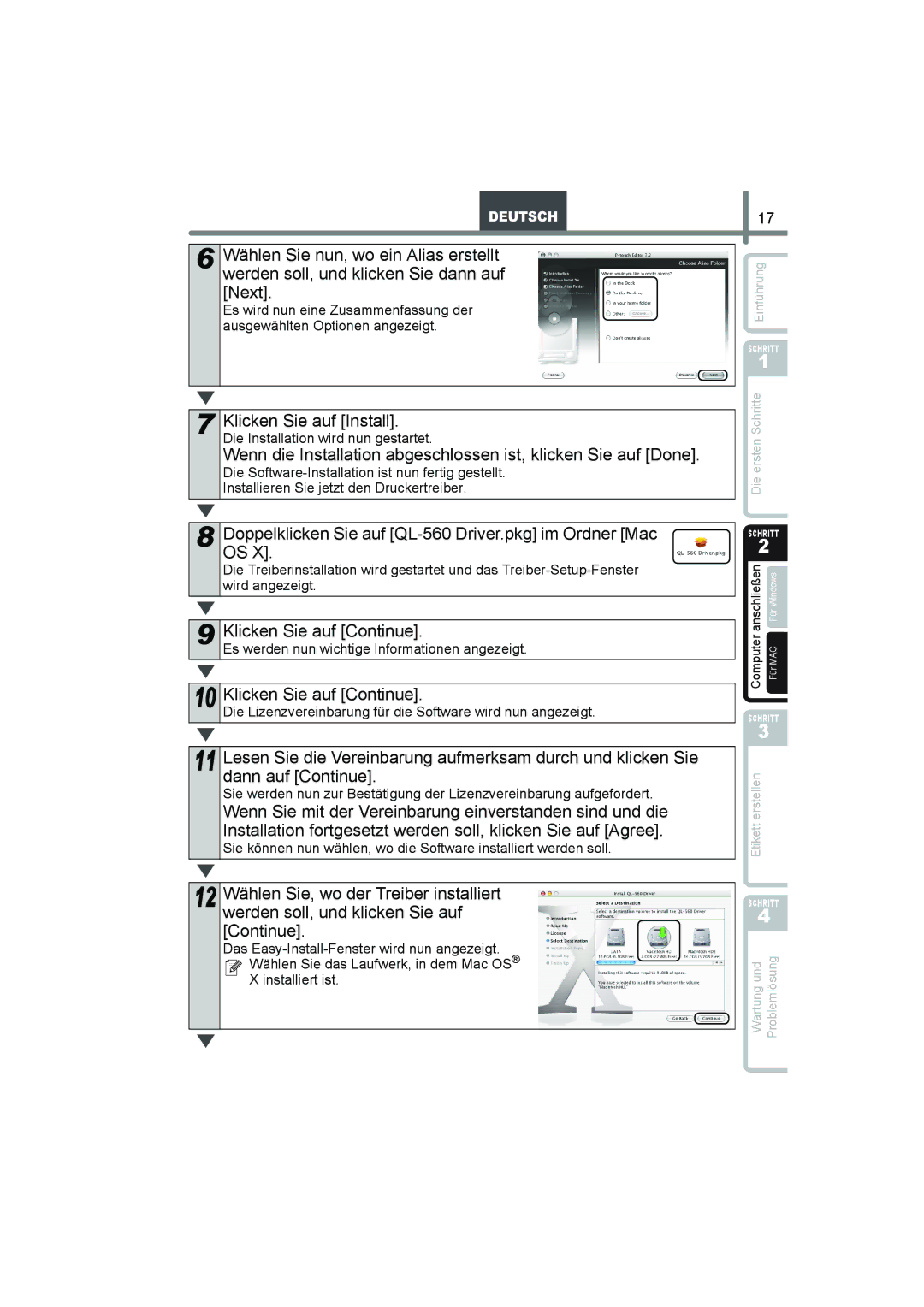 Brother Klicken Sie auf Install, Doppelklicken Sie auf QL-560 Driver.pkg im Ordner Mac OS, Klicken Sie auf Continue 