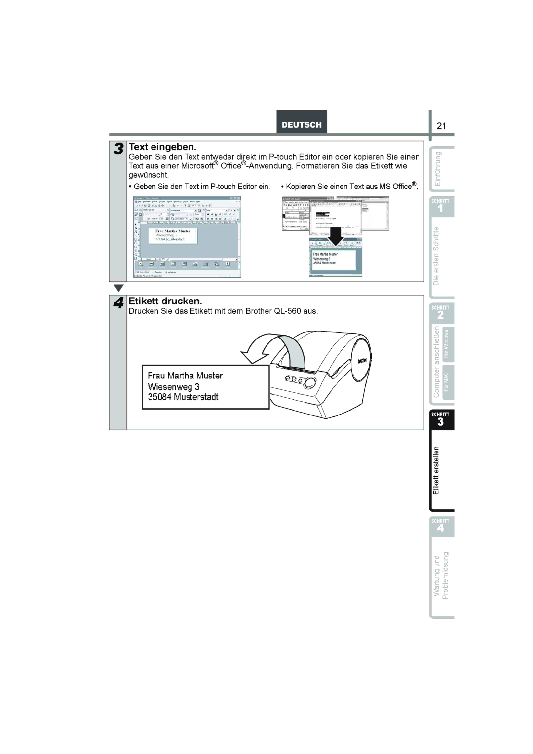 Brother manual Text eingeben, Etikett drucken, Drucken Sie das Etikett mit dem Brother QL-560 aus 