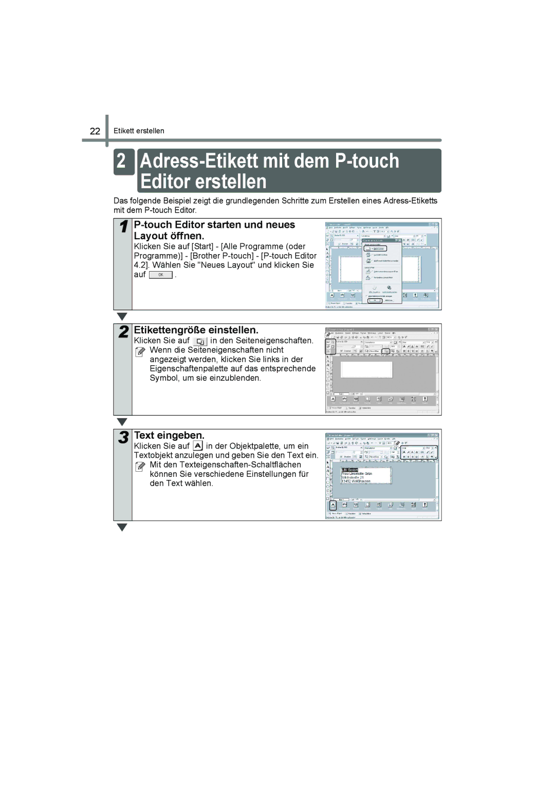 Brother QL-560 manual Adress-Etikett mit dem P-touch Editor erstellen, Touch Editor starten und neues Layout öffnen 