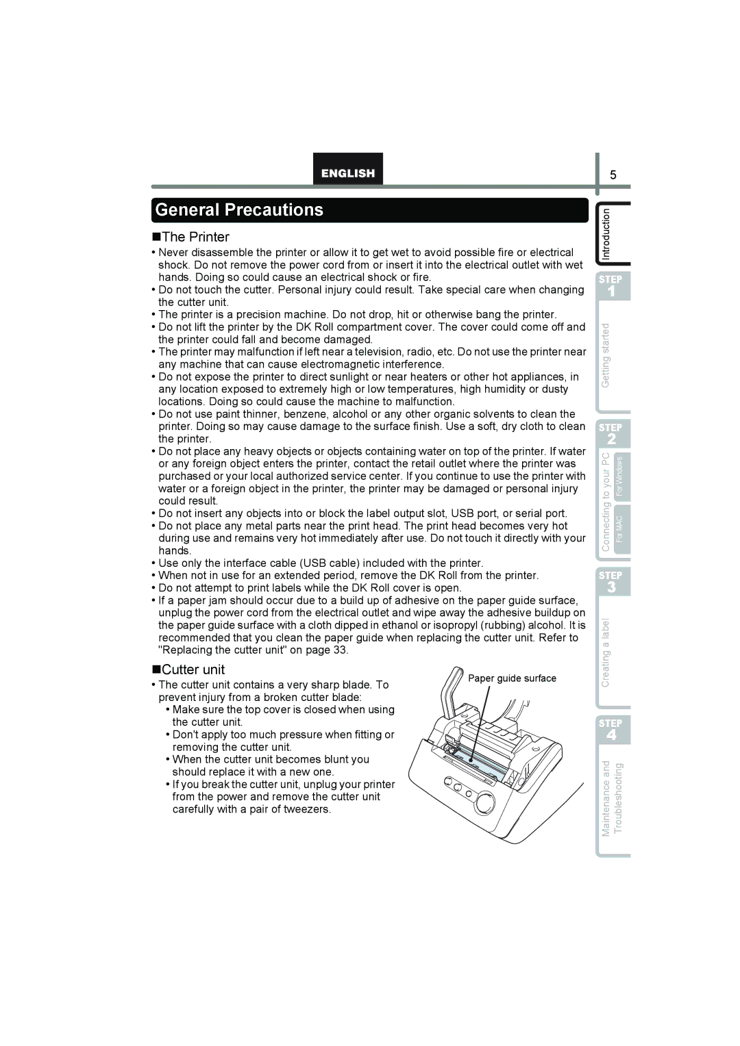 Brother QL-560 manual General Precautions, „Cutter unit, Cutter unit contains a very sharp blade. To 