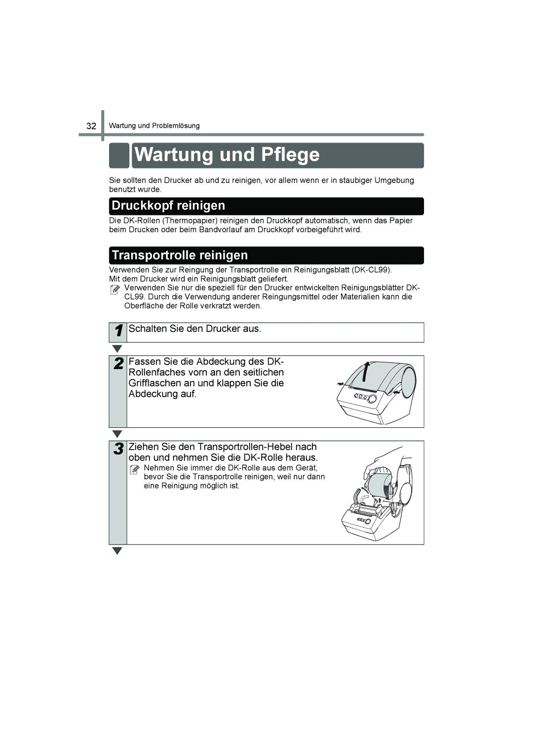 Brother QL-560 manual Wartung und Pflege, Druckkopf reinigen, Transportrolle reinigen 