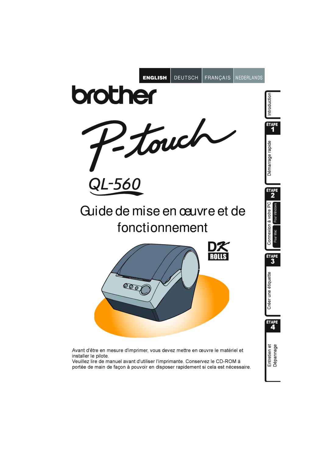 Brother QL-560 manual Guide de mise en œuvre et de Fonctionnement 