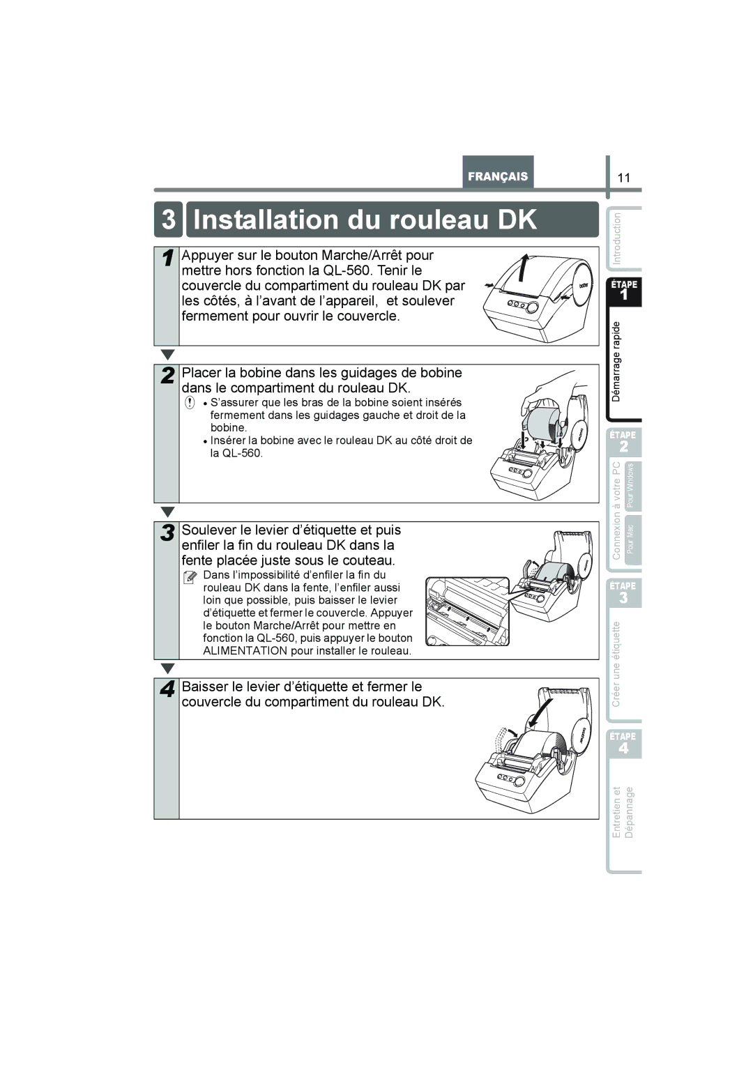 Brother QL-560 manual Installation du rouleau DK 