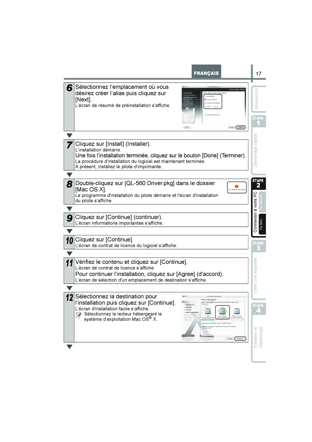 Brother manual Cliquez sur Install Installer, Double-cliquez sur QL-560 Driver.pkg dans le dossier, Mac OS 